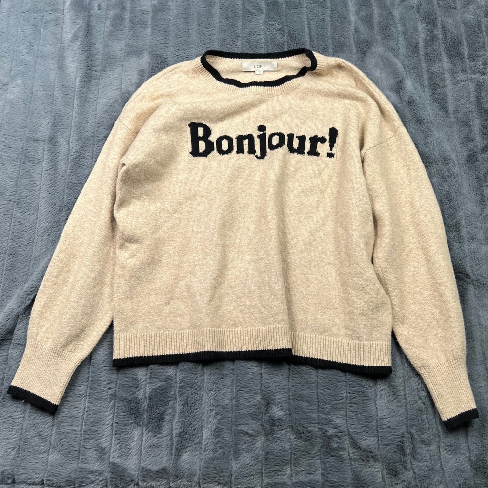 LOFT Womens Bonjour Graphic Sweater Beige Black Trim Cotton Blend Large 12743
